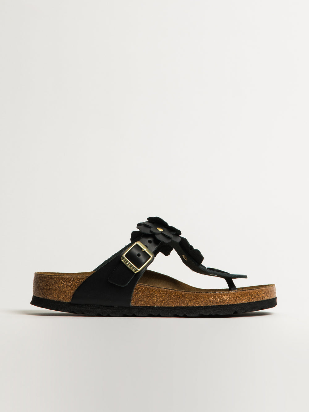 WOMENS BIRKENSTOCK GIZEH FLOWER LEATHER SANDALS - REGULAR - BLACK