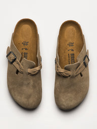 WOMENS BIRKENSTOCK BOSTON BRAIDED SUEDE CLOG - TAUPE